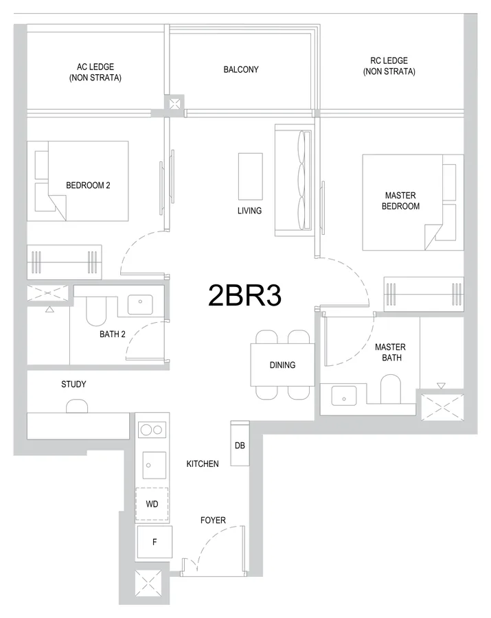 Floor plan of One Marina Gardens type 2BR3, 2-Bedroom, 657 sq ft