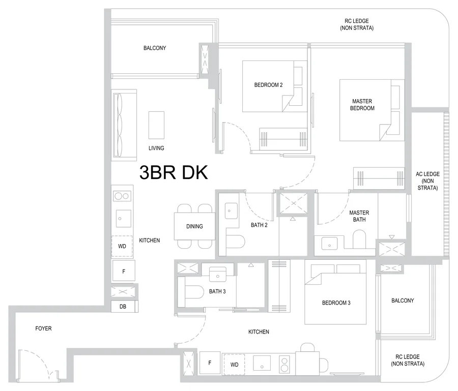 Floor plan of One Marina Gardens type 3BR DK, 3-Bedroom, 969 sq ft