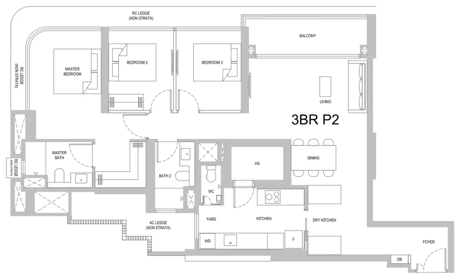 Floor plan of One Marina Gardens type 3BR P2, 3-Bedroom, 1,238 sq ft