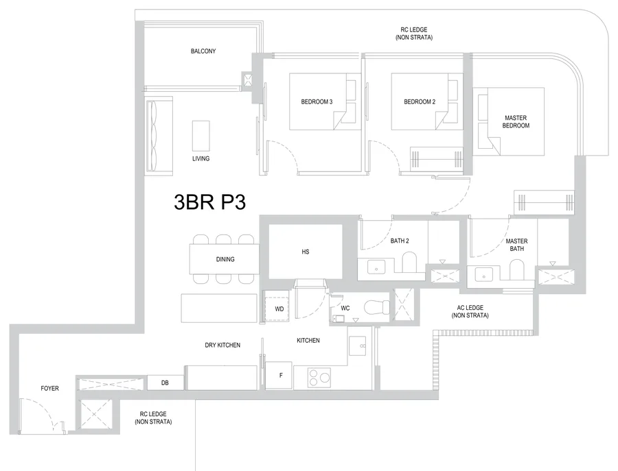 Floor plan of One Marina Gardens type 3BR P3, 3-Bedroom, 1,066 sq ft