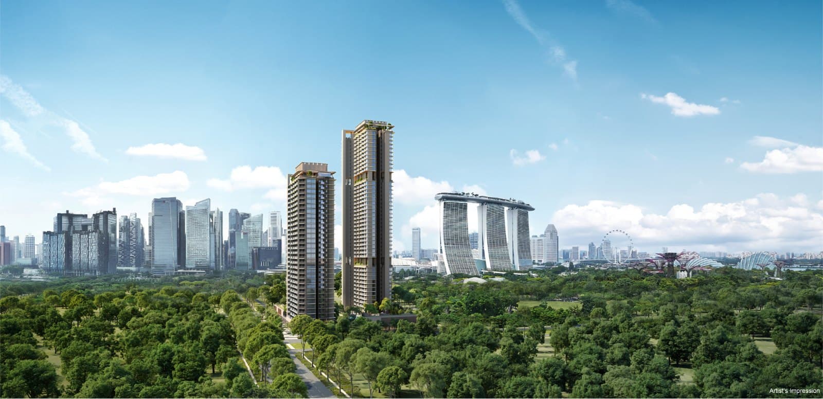 Artist's impression of the two One Marina Gardens towers from the air, with Gardens by the Bay in front and Marina Bay Sands and the city skyline behind