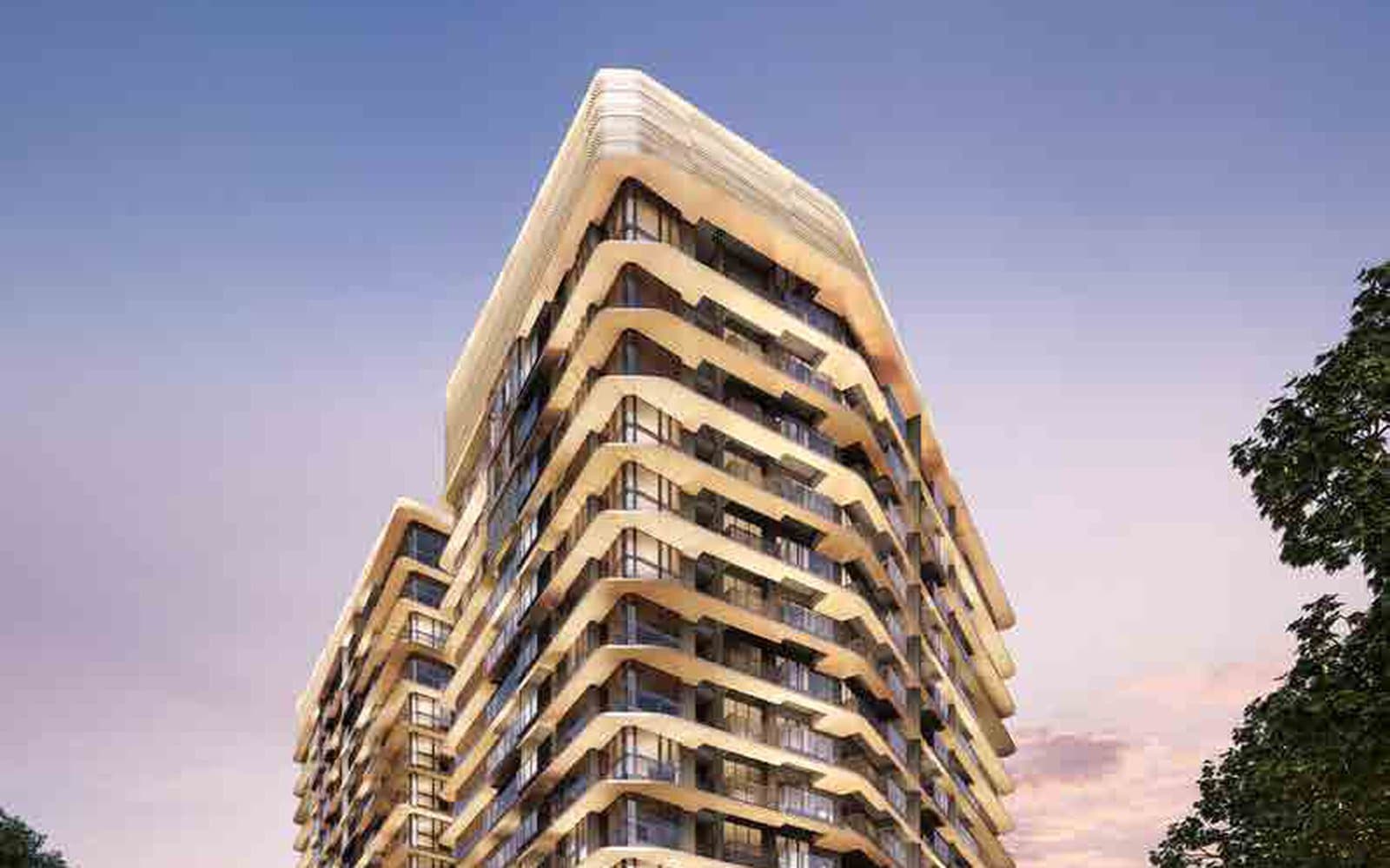 Artist's impression of One-North Eden at dusk: a tower with curved white balcony bands above the shops at street level