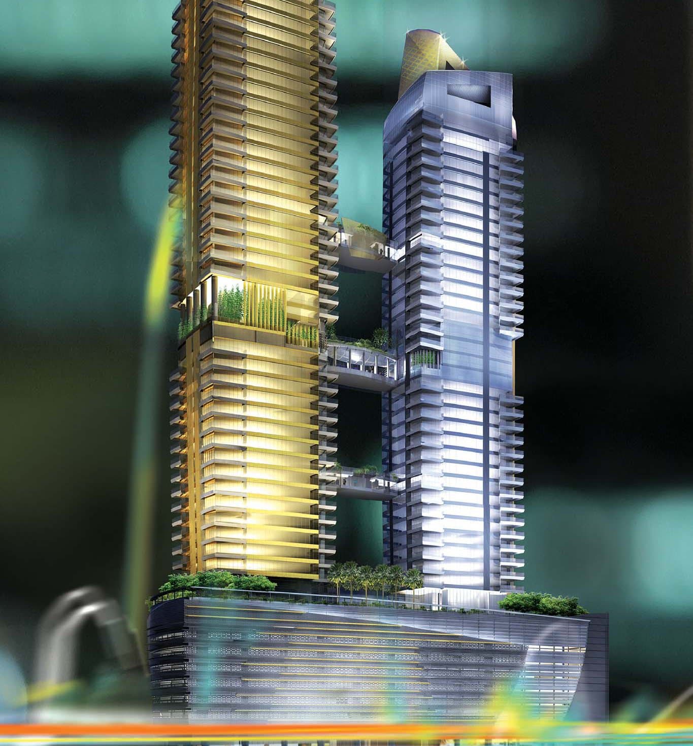 One Shenton: the gold 50-storey Tower 1 and silver 43-storey Tower 2 above Shenton Way