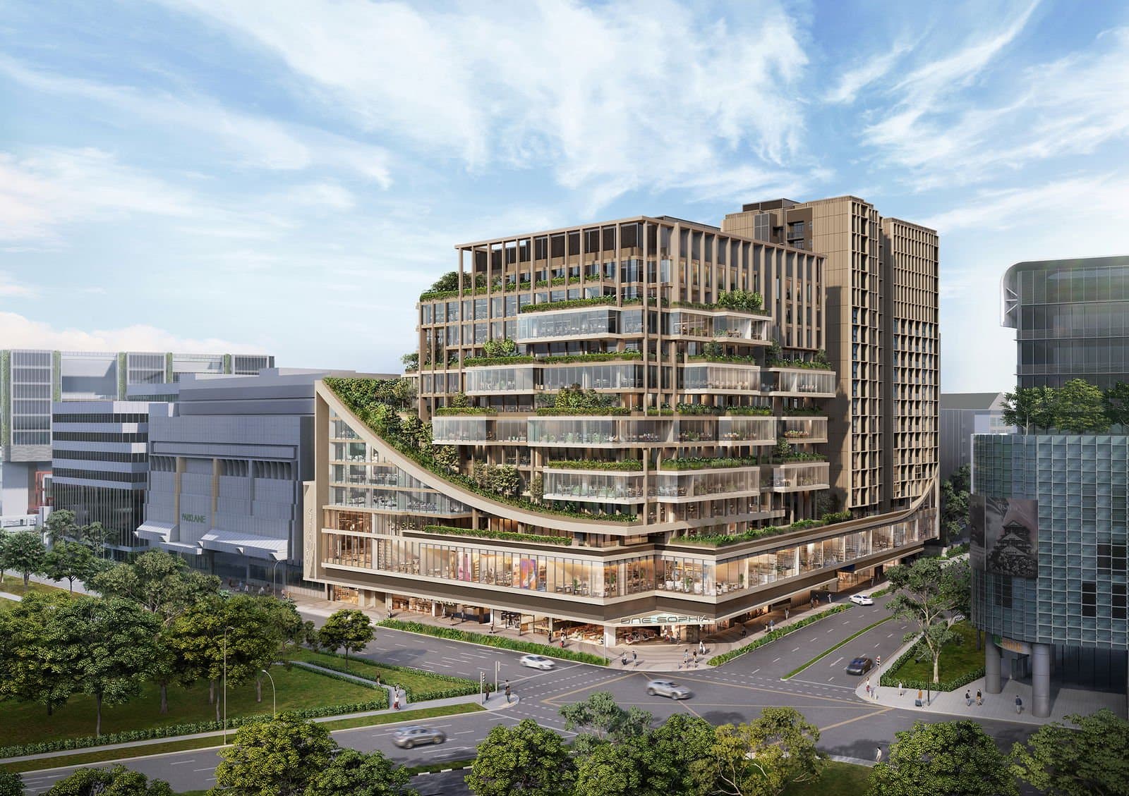 Artist's impression of One Sophia: a terraced office block with garden decks over a retail podium at Sophia Road and Selegie Road, apartment towers behind