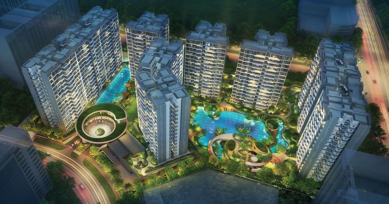 Artist's impression of Parc Central Residences from the air at dusk: eleven 16-storey blocks around a long lap pool, a lagoon pool with planted islands, the round arrival court and the curved roofs of the clubhouse, with roads on two sides