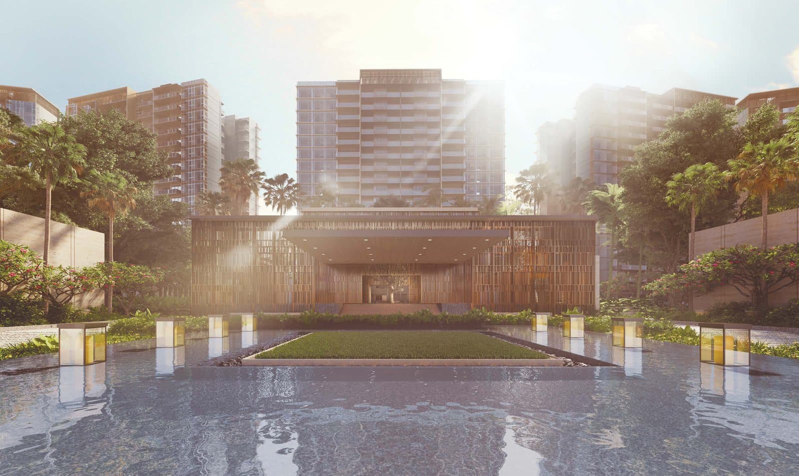 Artist's impression of Parc Esta from its arrival court: the timber-screened Lantern Isle pavilion across a reflecting pool lined with lanterns, three 18-storey towers rising behind it among palms