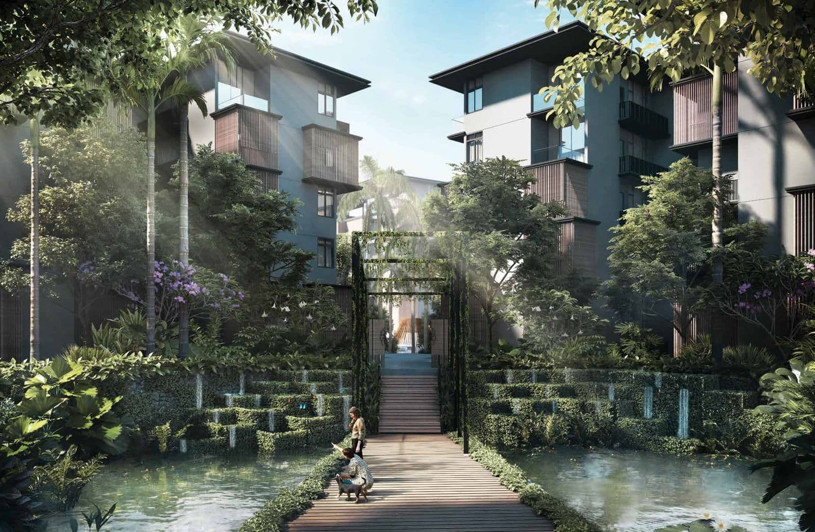 Artist's impression of Parc Komo: five-storey blocks with timber screens among tall trees, seen along a boardwalk over a pond