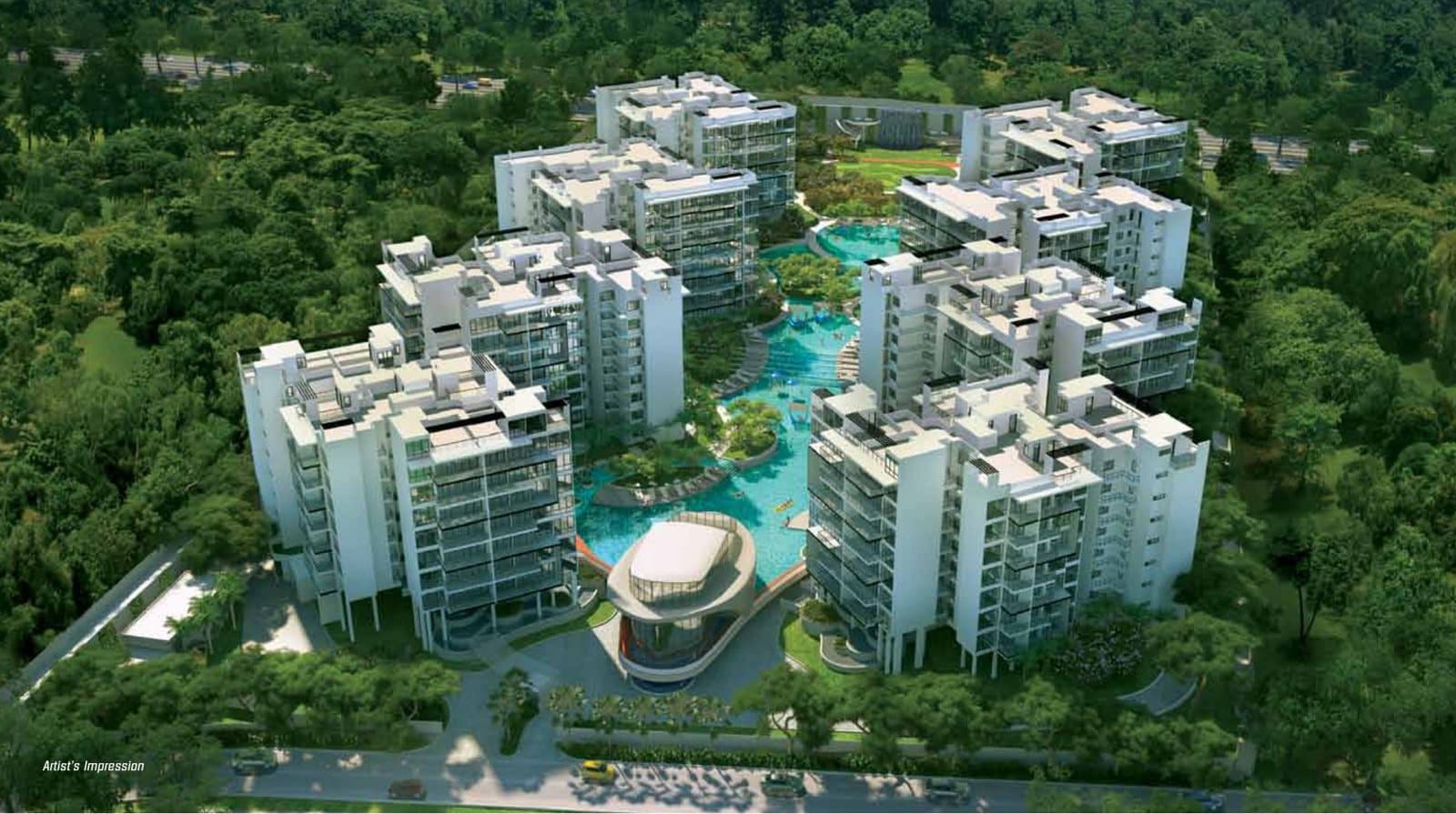 Parc Olympia from the air: eight white blocks around a long free-form pool, with the clubhouse in front