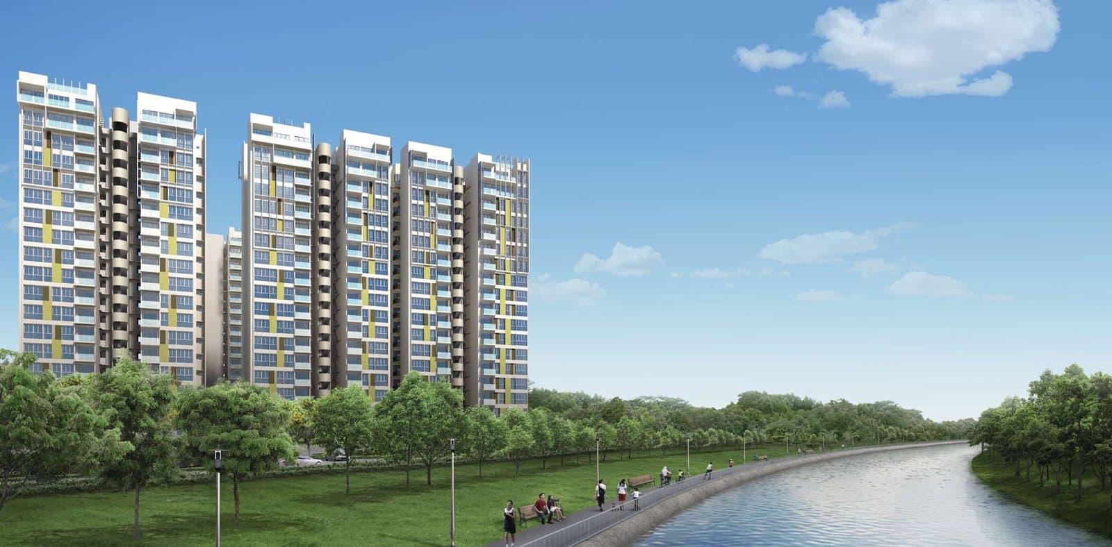 Artist's impression of Parc Vera from the Sungei Serangoon park connector: 18-storey blocks in white with yellow and blue panels, behind a row of trees beside the river