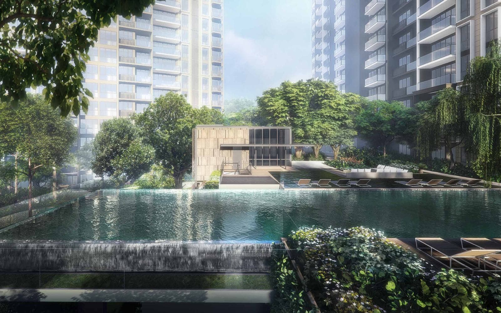 Artist's impression of Park Colonial: the cantilevered lap pool with its water wall and clubhouse, trees around it and two of the residential blocks behind