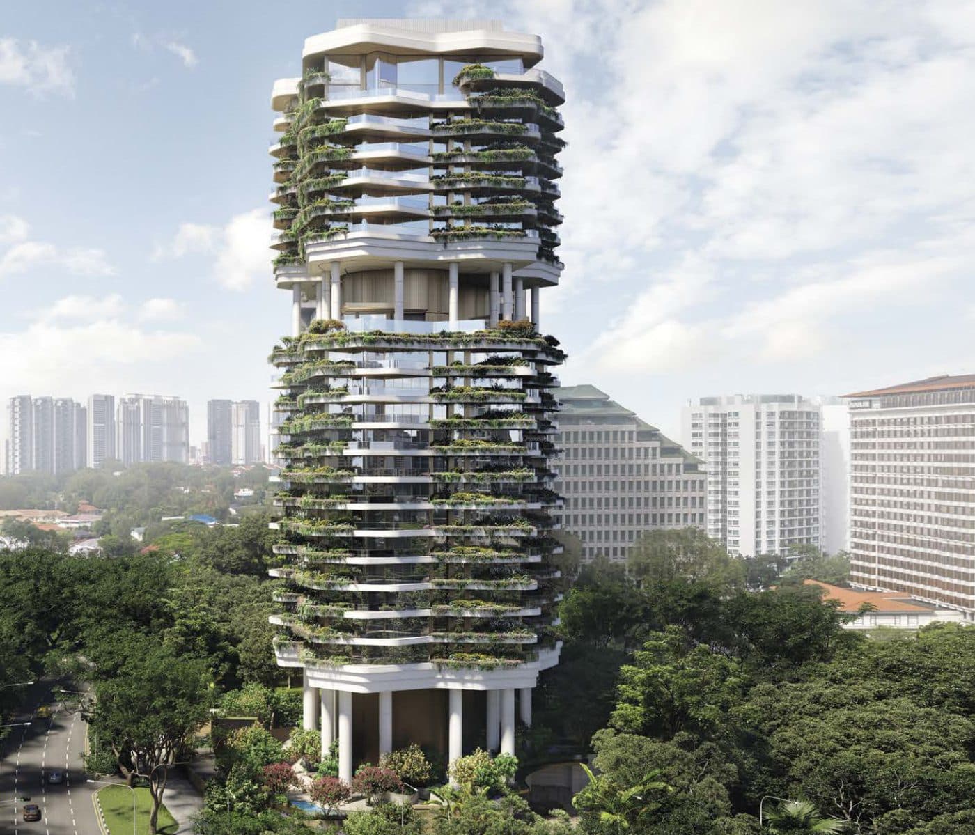Artist's impression of Park Nova: the 20-storey tower on Tomlinson Road with planted balconies on every storey