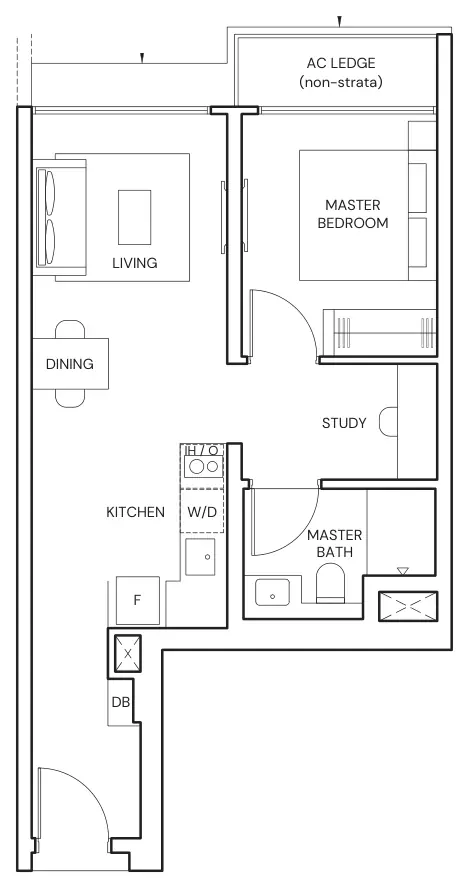 Floor plan of Parktown Residence type AS1, 1-Bedroom + Study, 506 sq ft