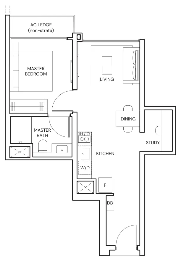 Floor plan of Parktown Residence type AS2, 1-Bedroom + Study, 463 sq ft