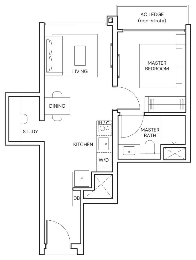Floor plan of Parktown Residence type AS3, 1-Bedroom + Study, 463 sq ft
