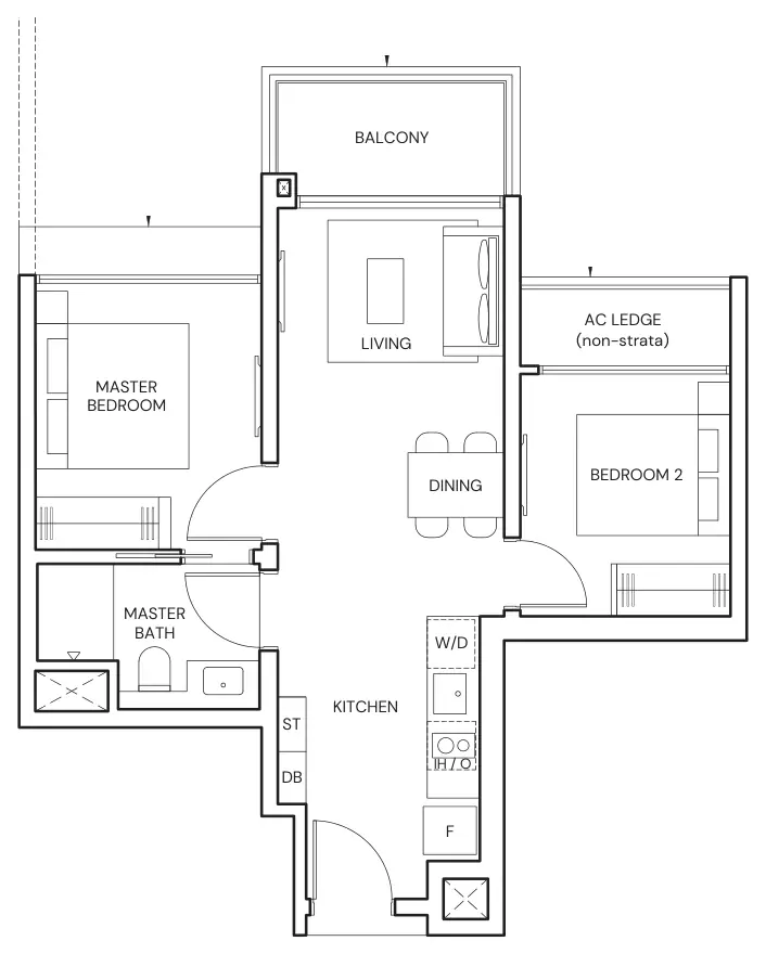 Floor plan of Parktown Residence type B3, 2-Bedroom, 592 sq ft
