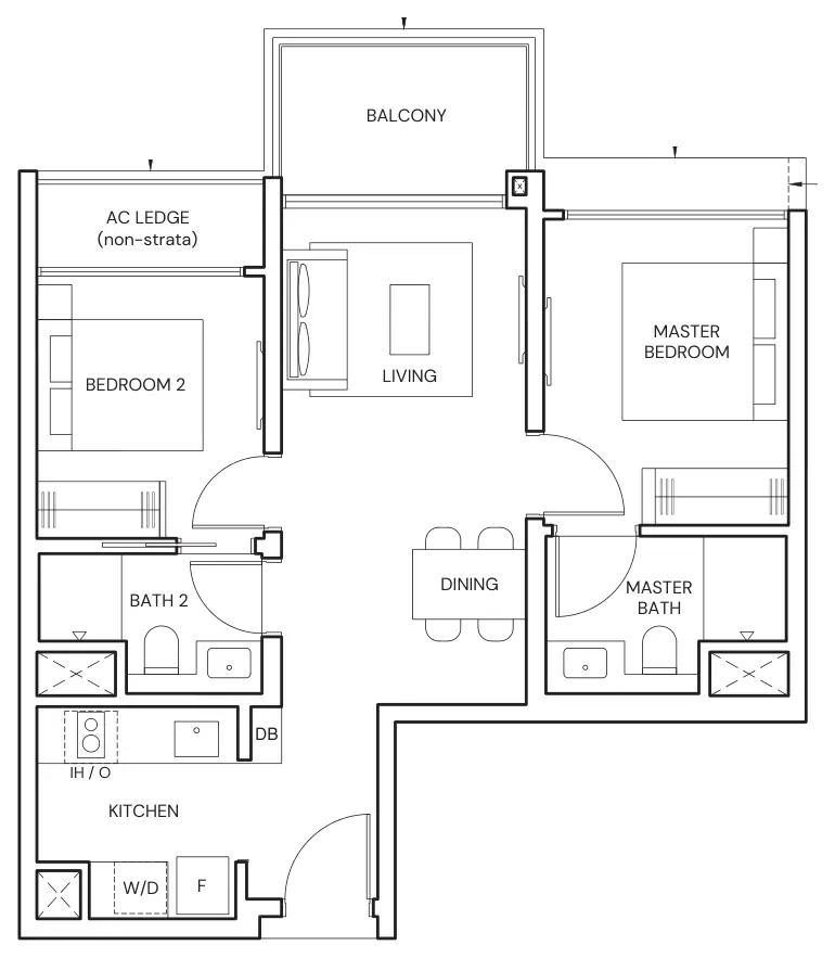 Floor plan of Parktown Residence type BP2, 2-Bedroom Premium, 678 sq ft