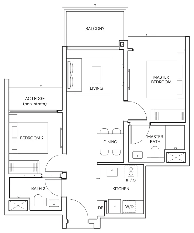 Floor plan of Parktown Residence type BP4, 2-Bedroom Premium, 678 sq ft