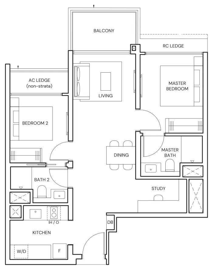 Floor plan of Parktown Residence type BPS2, 2-Bedroom Premium + Study, 764 sq ft