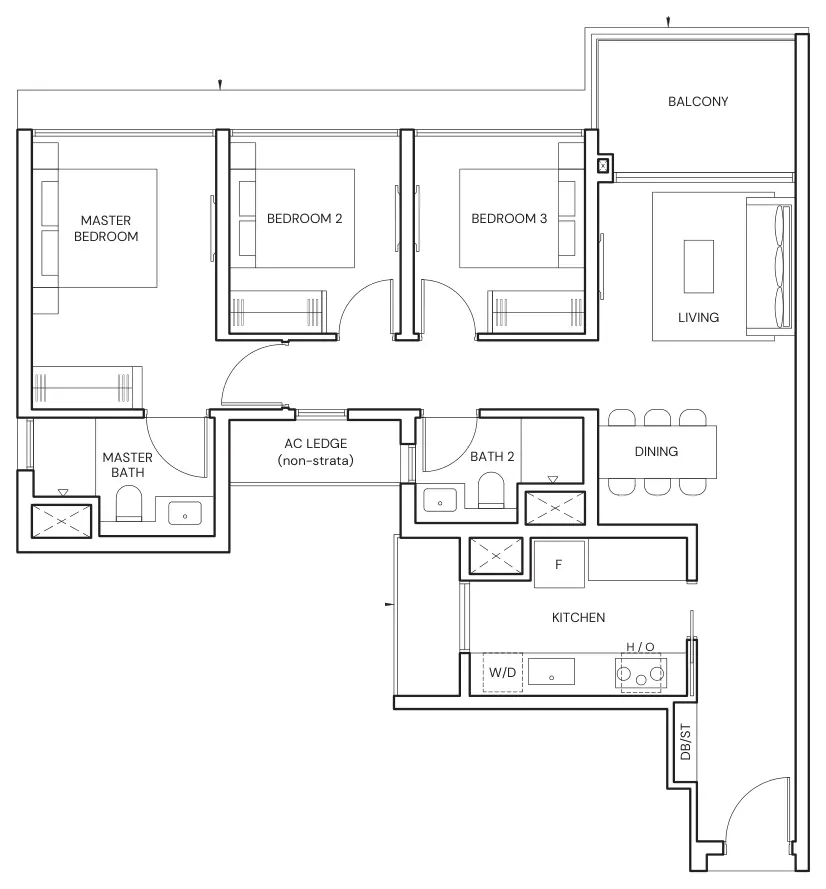 Floor plan of Parktown Residence type C3, 3-Bedroom, 947 sq ft