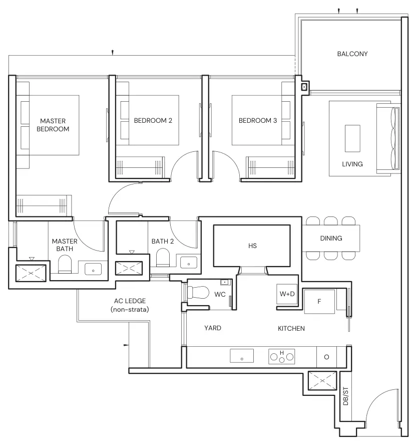 Floor plan of Parktown Residence type CP1, 3-Bedroom Premium, 1,066 sq ft