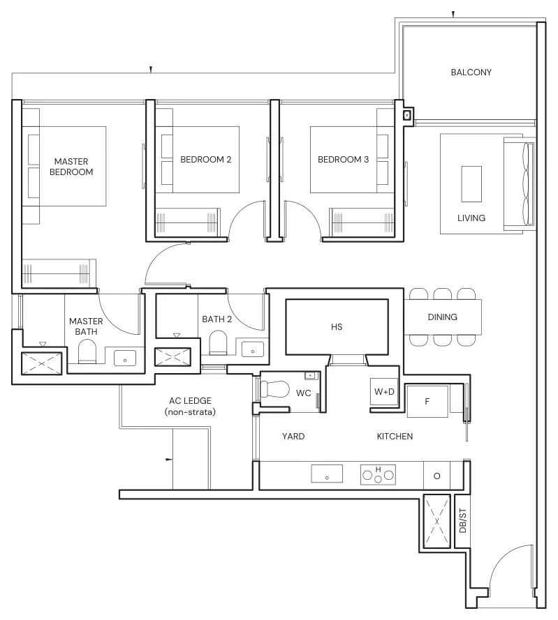 Floor plan of Parktown Residence type CP2, 3-Bedroom Premium, 1,066 sq ft