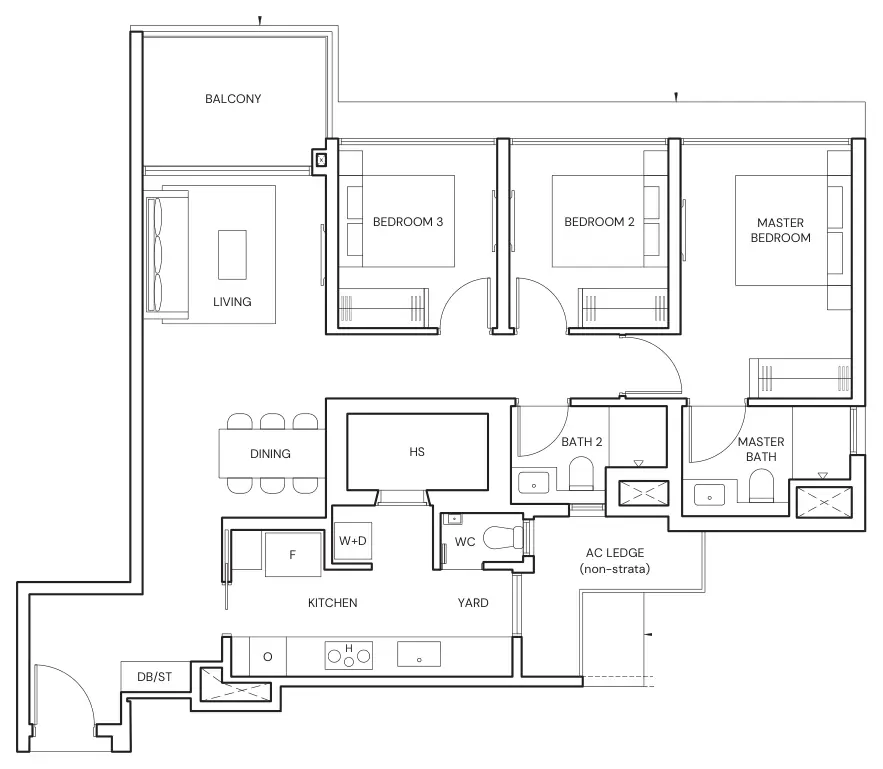 Floor plan of Parktown Residence type CP5, 3-Bedroom Premium, 1,066 sq ft
