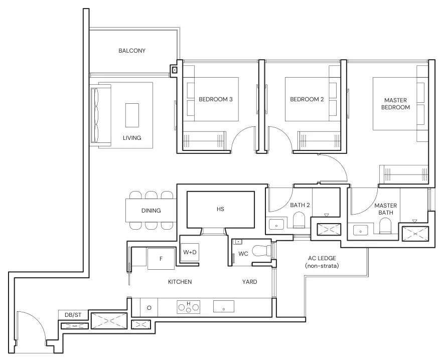 Floor plan of Parktown Residence type CP8, 3-Bedroom Premium, 1,055 sq ft