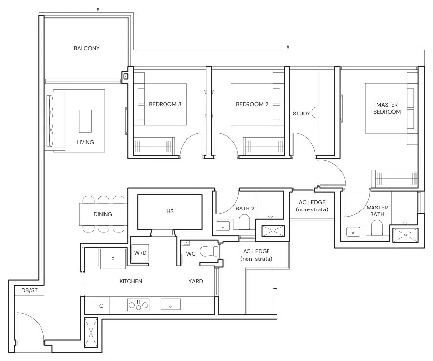 Floor plan of Parktown Residence type CPS1, 3-Bedroom Premium + Study, 1,163 sq ft