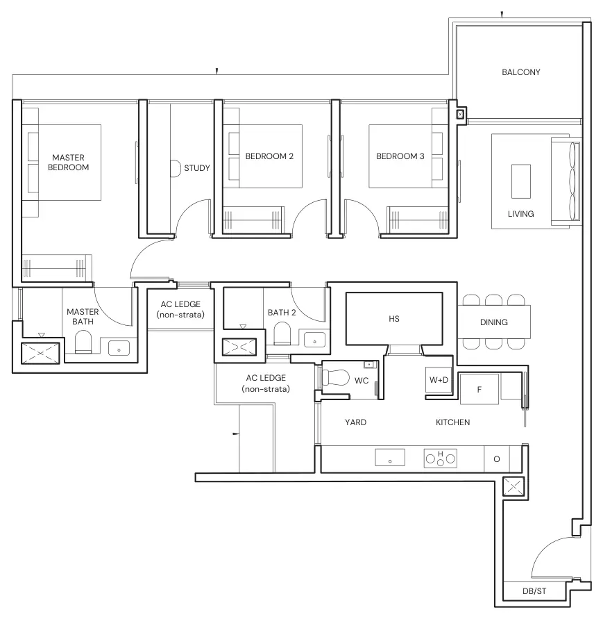 Floor plan of Parktown Residence type CPS5, 3-Bedroom Premium + Study, 1,184 sq ft