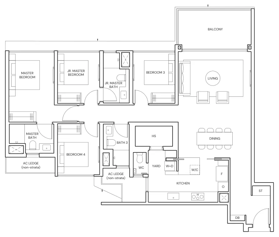 Floor plan of Parktown Residence type DP1, 4-Bedroom Premium, 1,485 sq ft