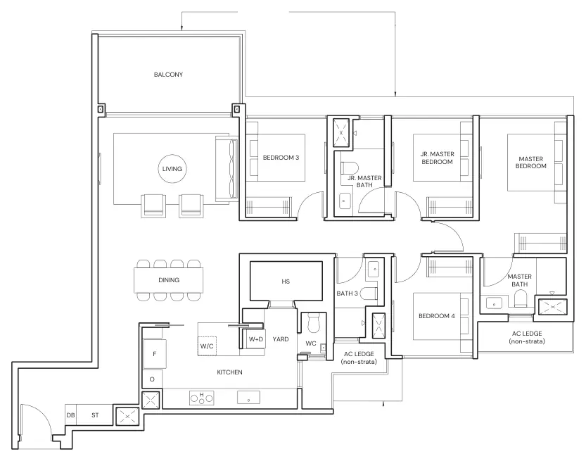 Floor plan of Parktown Residence type DP2, 4-Bedroom Premium, 1,496 sq ft