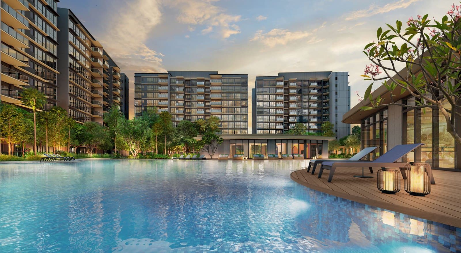 Artist's impression of a swimming pool at Parktown Residence with the residential blocks behind it