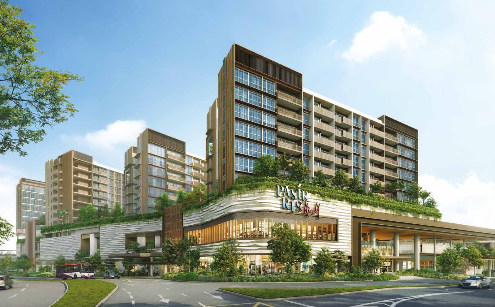 Artist's impression of Pasir Ris 8: residential blocks of 10 and 11 storeys standing on the Pasir Ris Mall podium