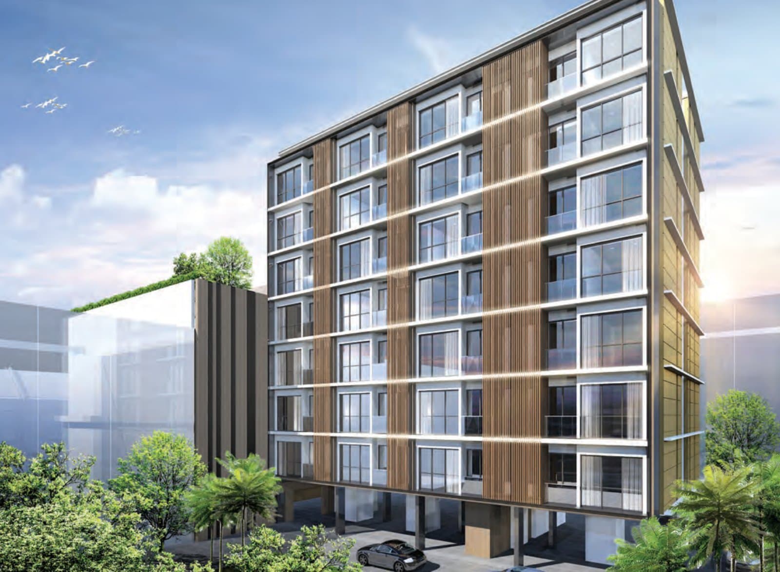 Pavilion Square: the 8-storey residential block with timber screens, over its car park