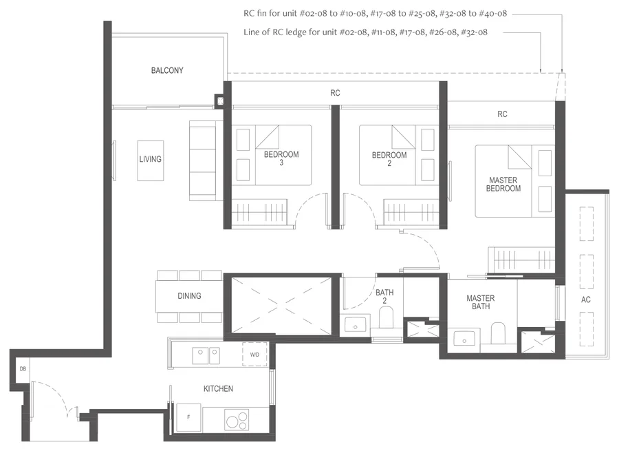 Floor plan of Penrith type (3)b, 3-Bedroom, 850 sq ft