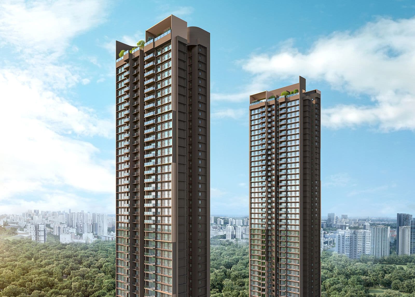 Artist's impression of the two 40-storey towers of Penrith on Margaret Drive, above the trees of Queenstown
