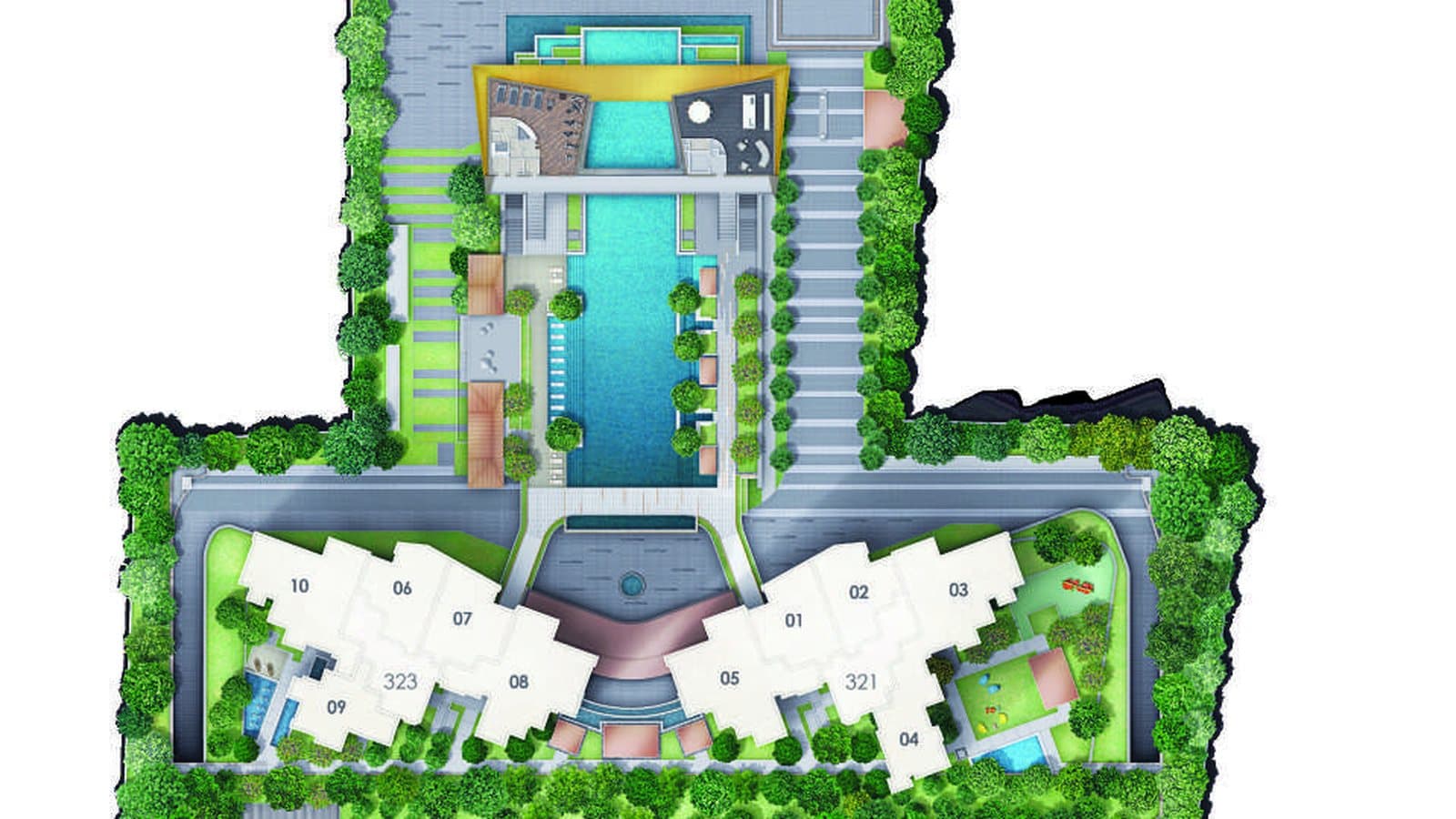 Site plan picture of Perfect Ten from above: the two 24-storey towers, 323 on the left and 321 on the right, behind the 50 m infinity pool that runs towards Bukit Timah Road