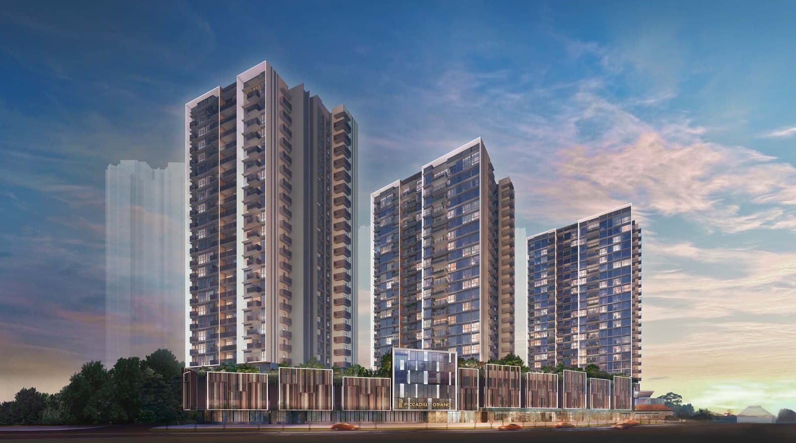 Artist's impression of Piccadilly Grand at dusk: three 23-storey towers stepping down in a row above the shopfronts of Piccadilly Galleria