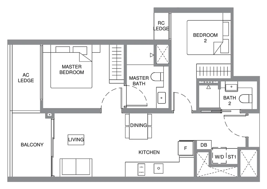 Floor plan of Pinery Residences type B2, 2-Bedroom, 635 sq ft