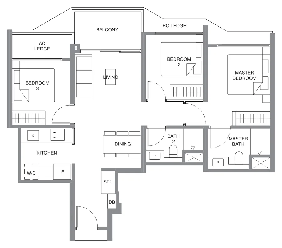 Floor plan of Pinery Residences type C1, 3-Bedroom, 807 sq ft