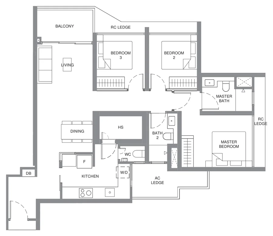 Floor plan of Pinery Residences type C5, 3-Bedroom Premium, 1,012 sq ft