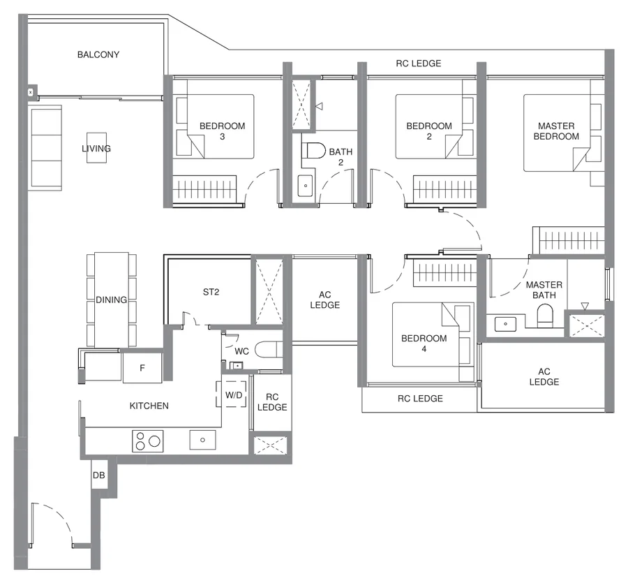 Floor plan of Pinery Residences type D1, 4-Bedroom, 1,141 sq ft