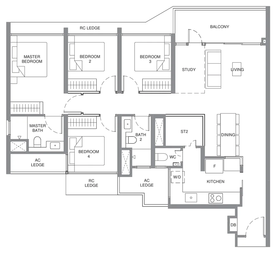 Floor plan of Pinery Residences type D2, 4-Bedroom Premium + Study, 1,195 sq ft