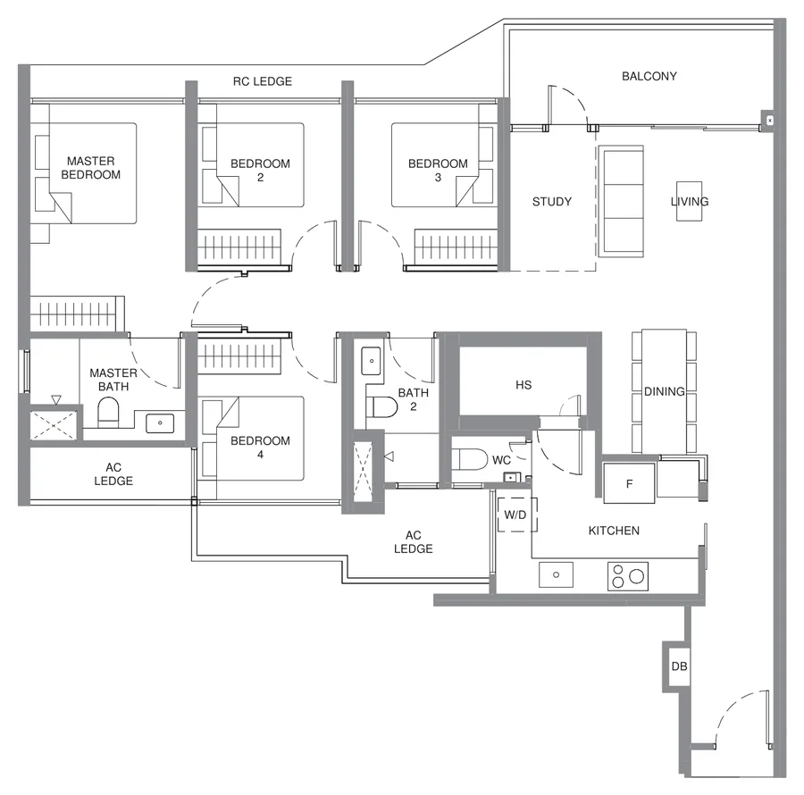 Floor plan of Pinery Residences type D3, 4-Bedroom Premium + Study, 1,227 sq ft