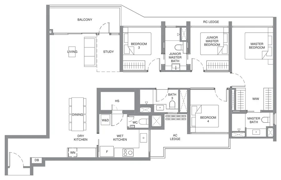 Floor plan of Pinery Residences type D5, 4-Bedroom Luxury + Study, 1,389 sq ft