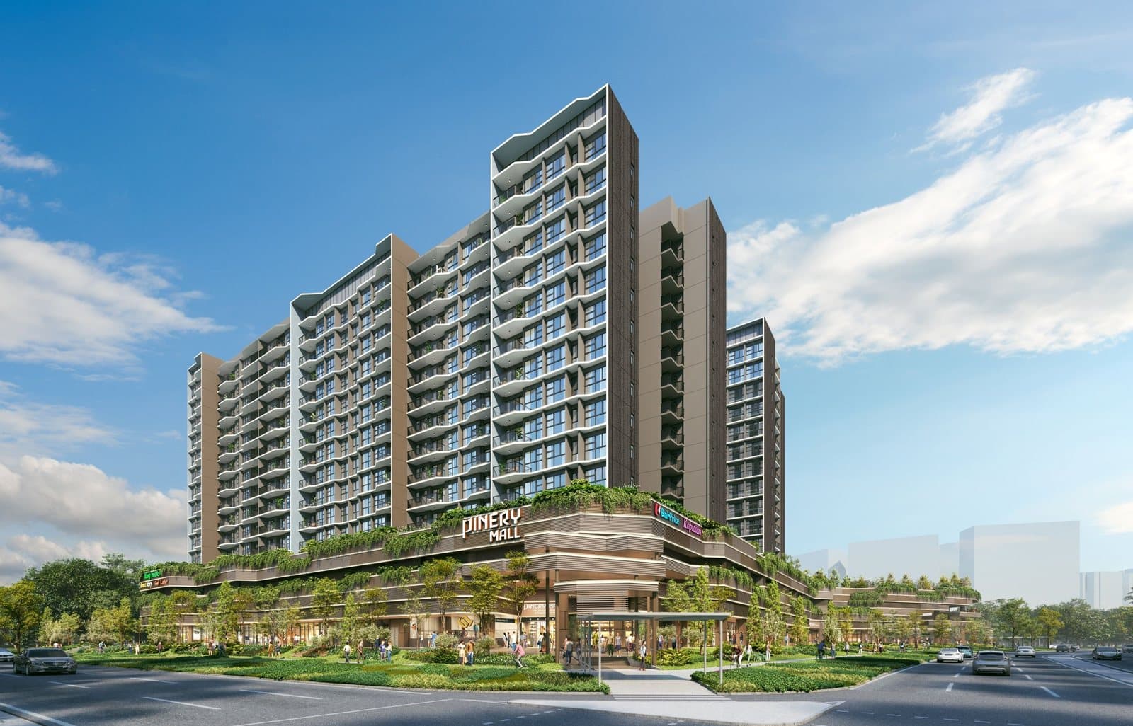 Artist's impression of Pinery Residences from the street, with the residential blocks above Pinery Mall