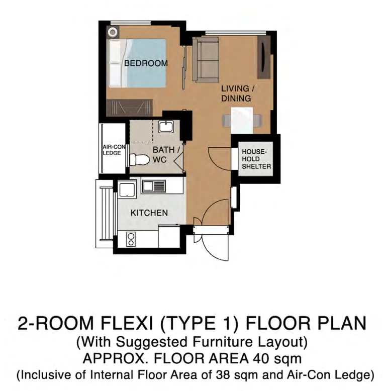 HDB floor plan of a 2-room Flexi (Type 1) flat at Plantation Grange, about 40 sqm