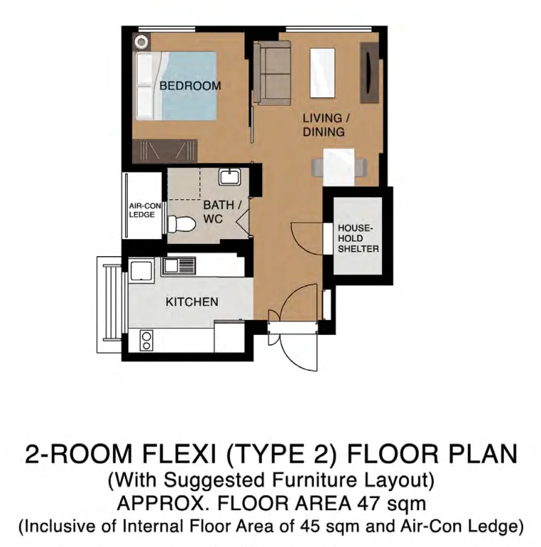 HDB floor plan of a 2-room Flexi (Type 2) flat at Plantation Grange, about 47 sqm