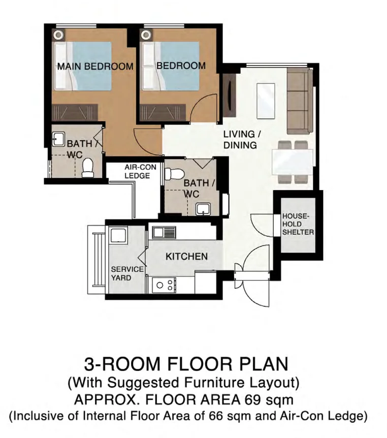HDB floor plan of a 3-room flat at Plantation Grange, about 69 sqm