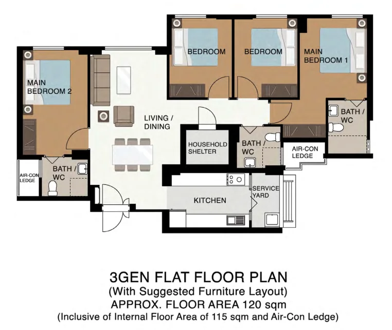 HDB floor plan of a 3Gen flat at Plantation Grange, about 120 sqm